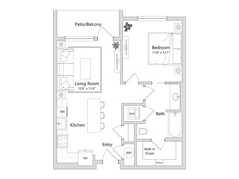 Floor plan for 1 bed, 1 bath, 678 sqft